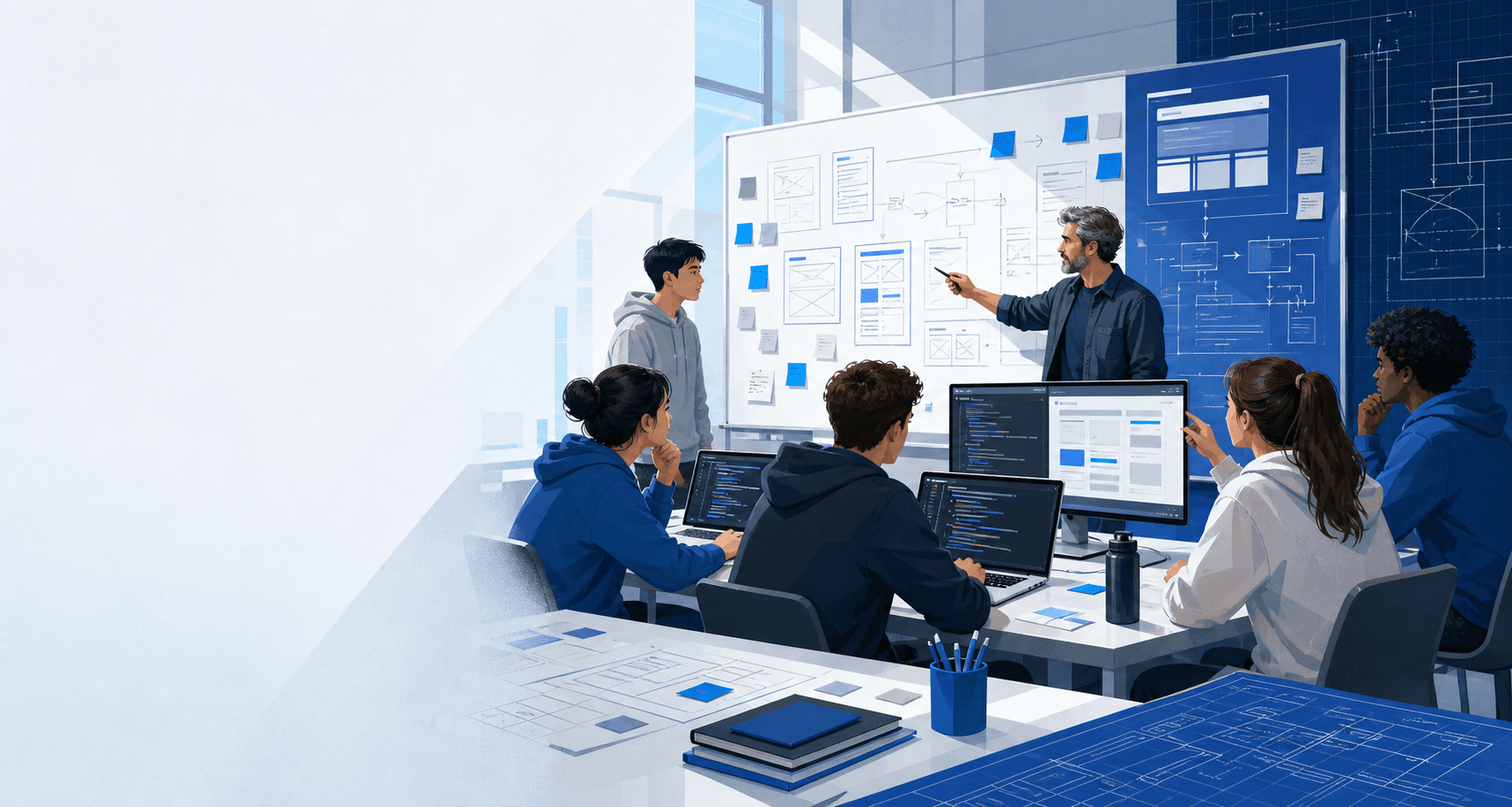 高校 AI Coding 训练营课堂，师生围绕原型、代码与项目交付协作